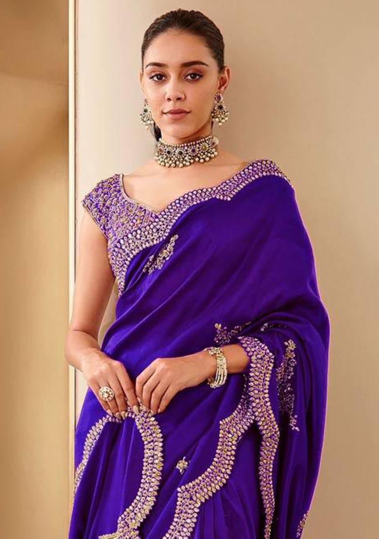 Purple Sequin Embroidered Vichitra Saree Set