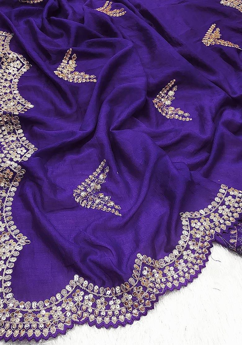 Purple Sequin Embroidered Vichitra Saree Set