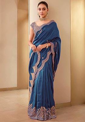 Rama Blue Sequin Embroidered Vichitra Saree Set