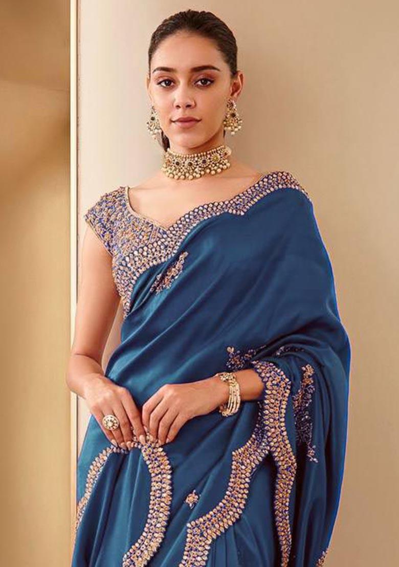 Rama Blue Sequin Embroidered Vichitra Saree Set