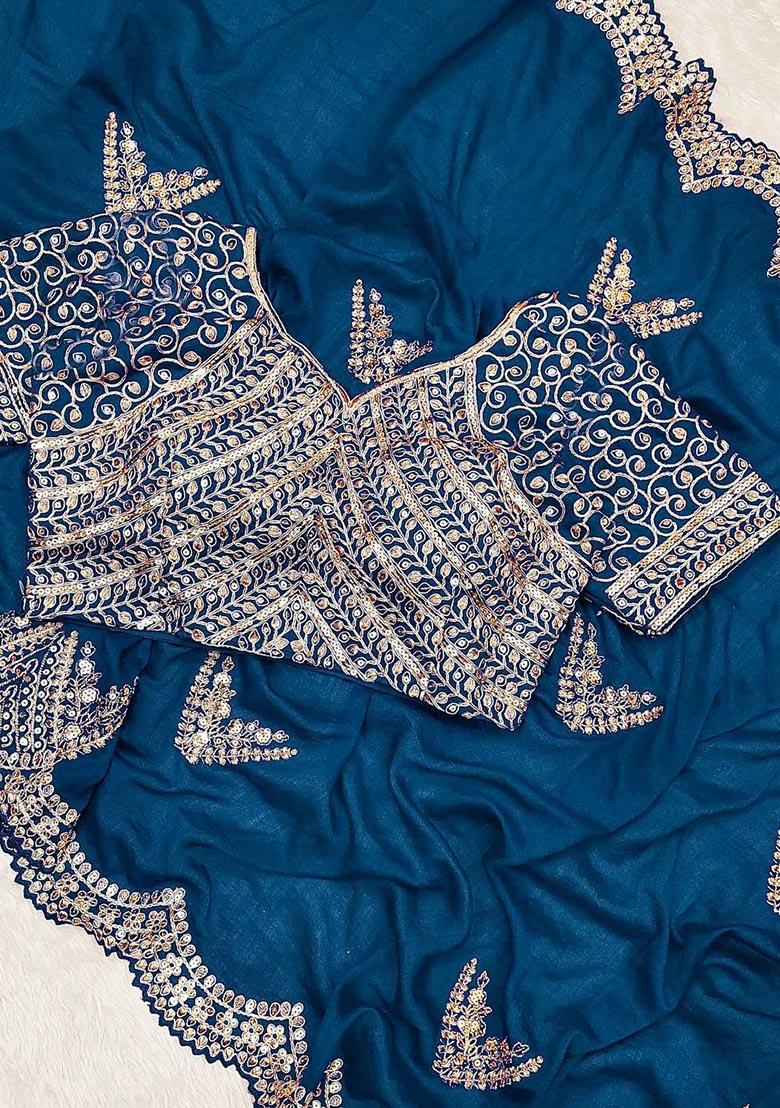 Rama Blue Sequin Embroidered Vichitra Saree Set