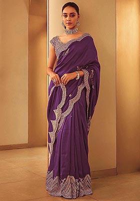 Wine Sequin Embroidered Vichitra Saree Set