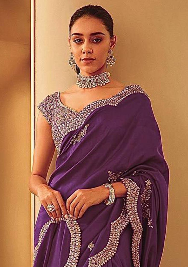 Wine Sequin Embroidered Vichitra Saree Set