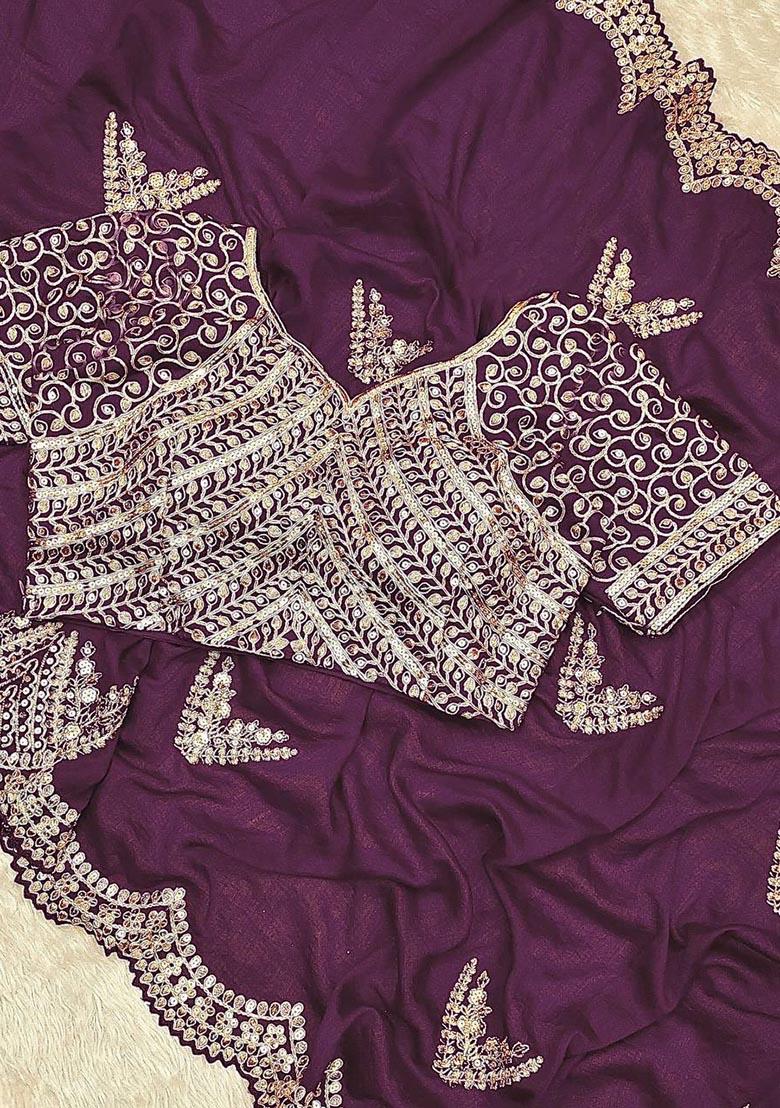 Wine Sequin Embroidered Vichitra Saree Set