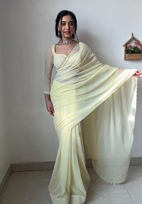 Lime Yellow Hand Embroidered Georgette Saree Set