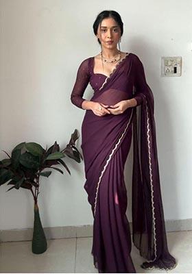 Wine Hand Embroidered Georgette Saree Set