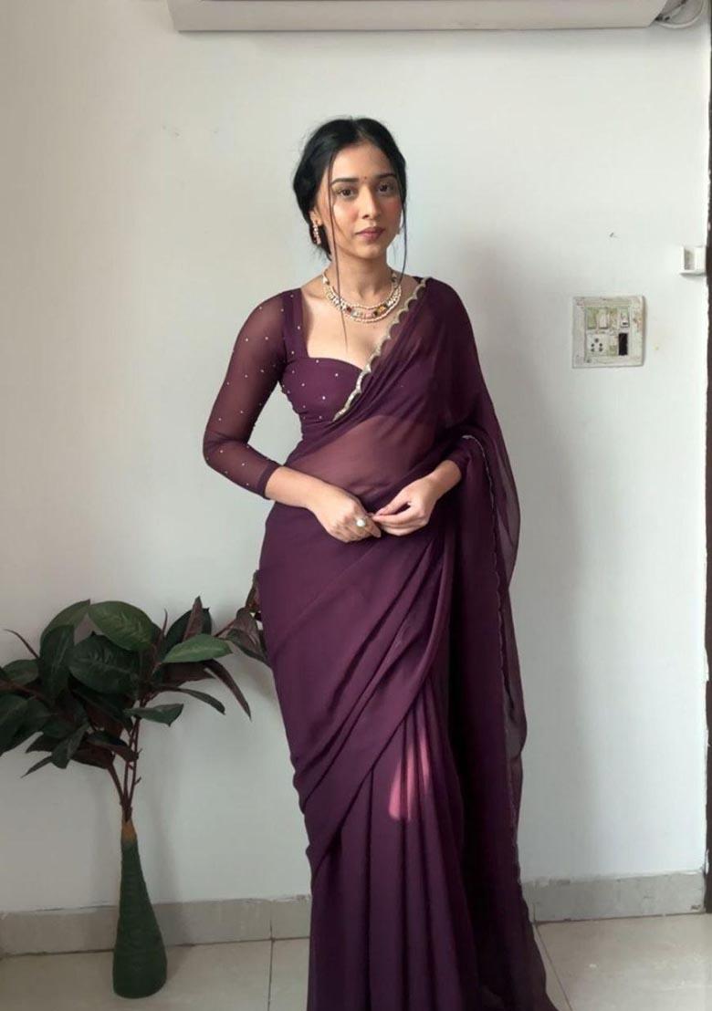 Wine Hand Embroidered Georgette Saree Set