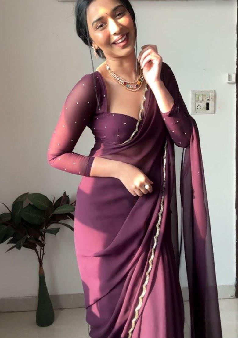 Wine Hand Embroidered Georgette Saree Set