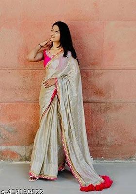 Beige Embroidered Silk Saree Set