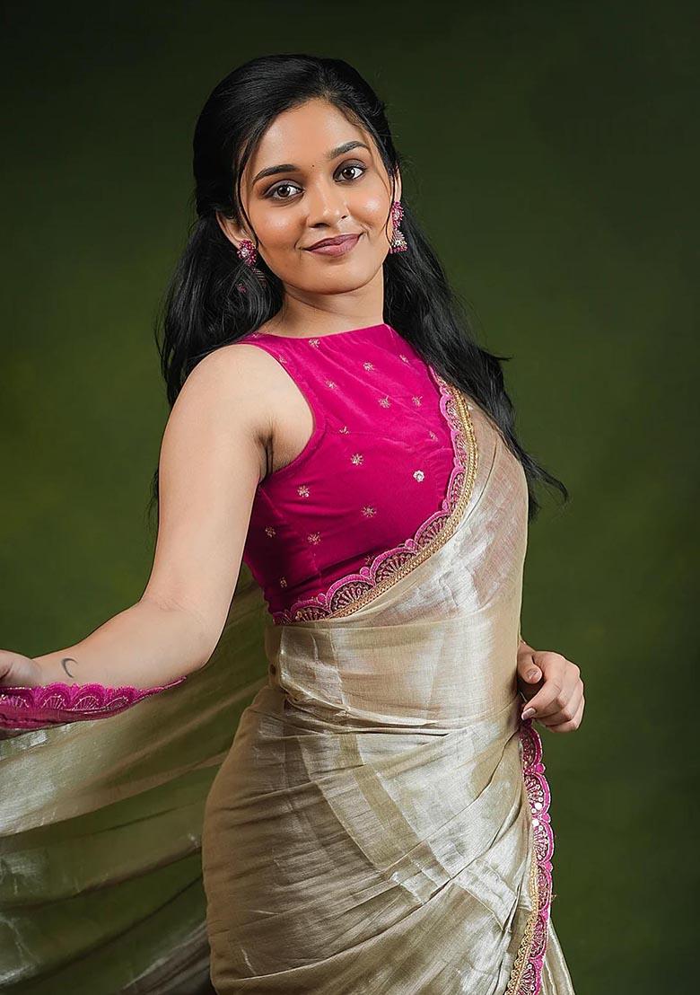 Beige Embroidered Silk Saree Set