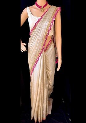 Beige Embroidered Silk Saree Set