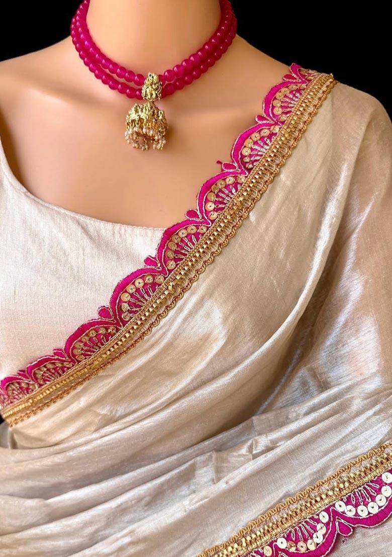 Beige Embroidered Silk Saree Set