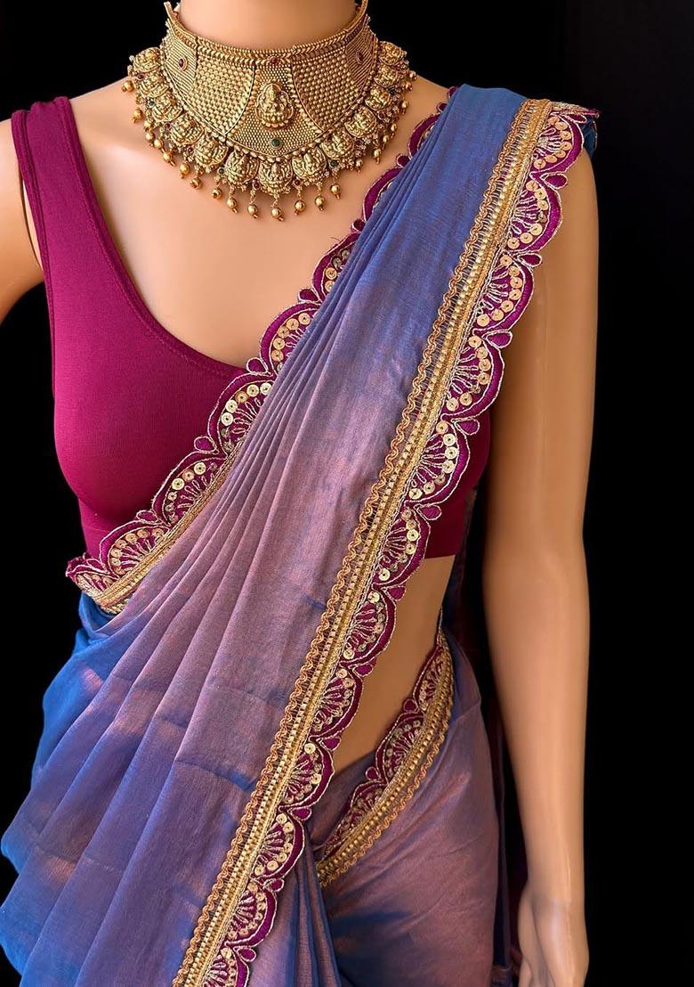 Purple Embroidered Silk Saree Set