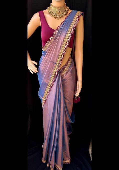 Purple Embroidered Silk Saree Set