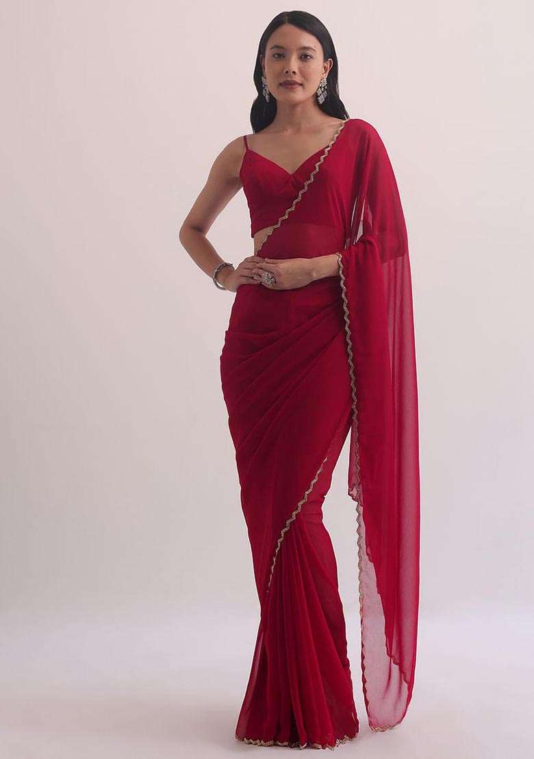Red Hand Embroidered Georgette Saree Set for Diwali and Festive Wear - Indya