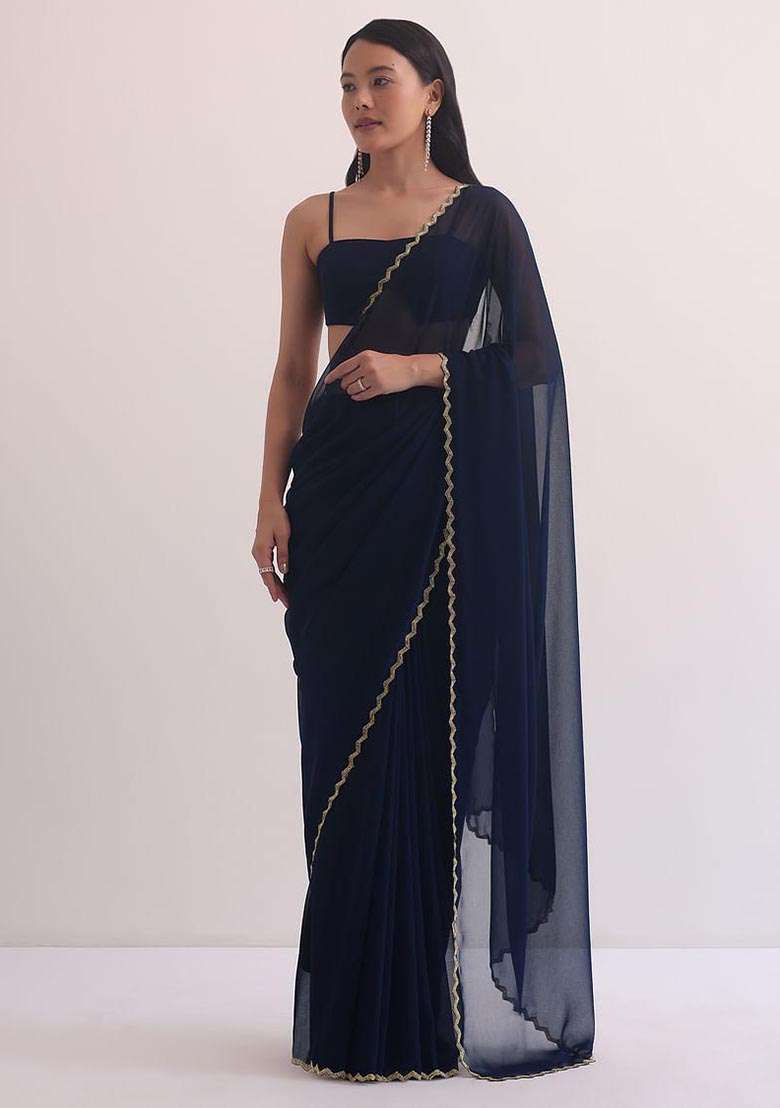 Blue Hand Georgette Saree Set with Embroidered for Diwali | Wedding & Festive Wear - Indya
