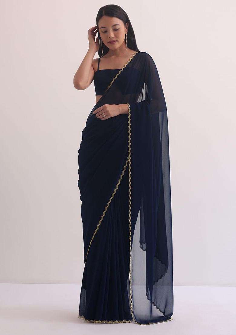 Blue Hand Georgette Saree Set with Embroidered for Diwali | Wedding & Festive Wear - Indya
