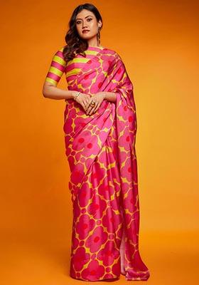 Multicolor Digital Print Satin Saree