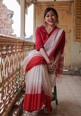 White Weaving Linen Saree Set