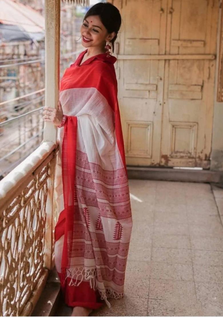 White Weaving Linen Saree Set