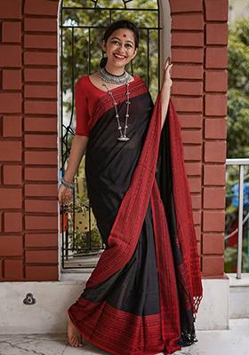 Black Weaving Linen Saree Set