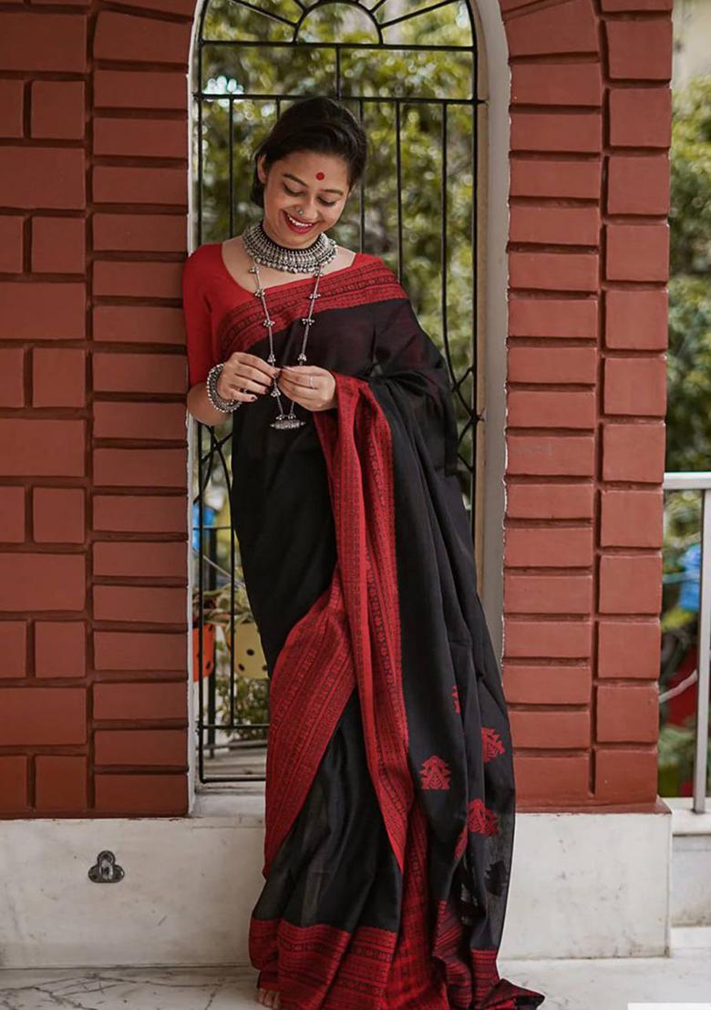 Black Weaving Linen Saree Set