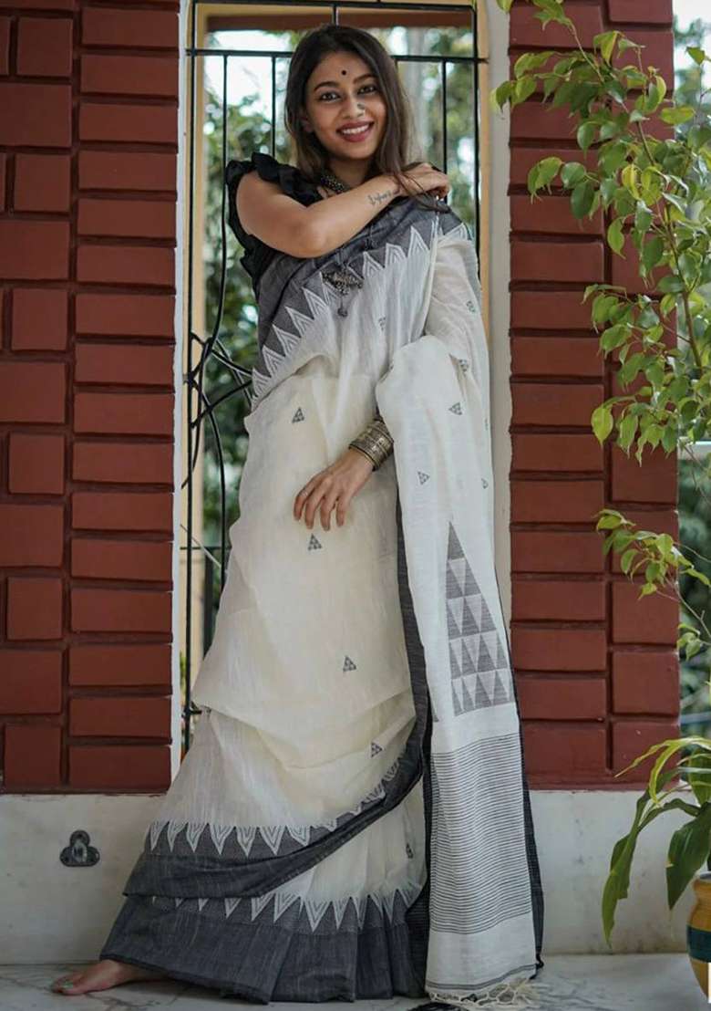 White Weaving Linen Saree Set for Diwali | Wedding & Festive Wear - Indya
