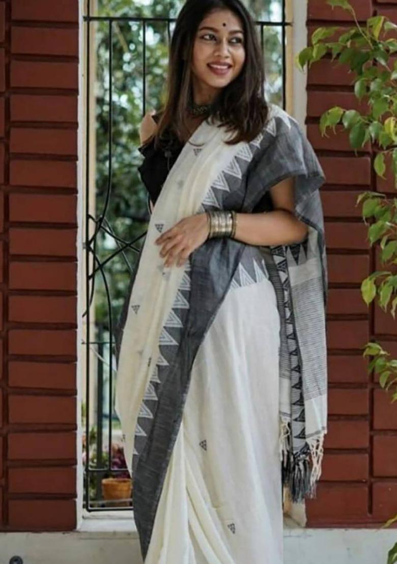 White Weaving Linen Saree Set