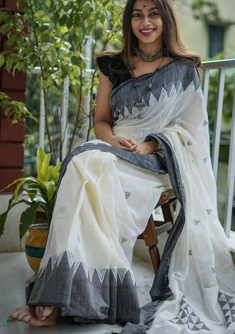 White Weaving Linen Saree Set for Diwali | Wedding & Festive Wear - Indya