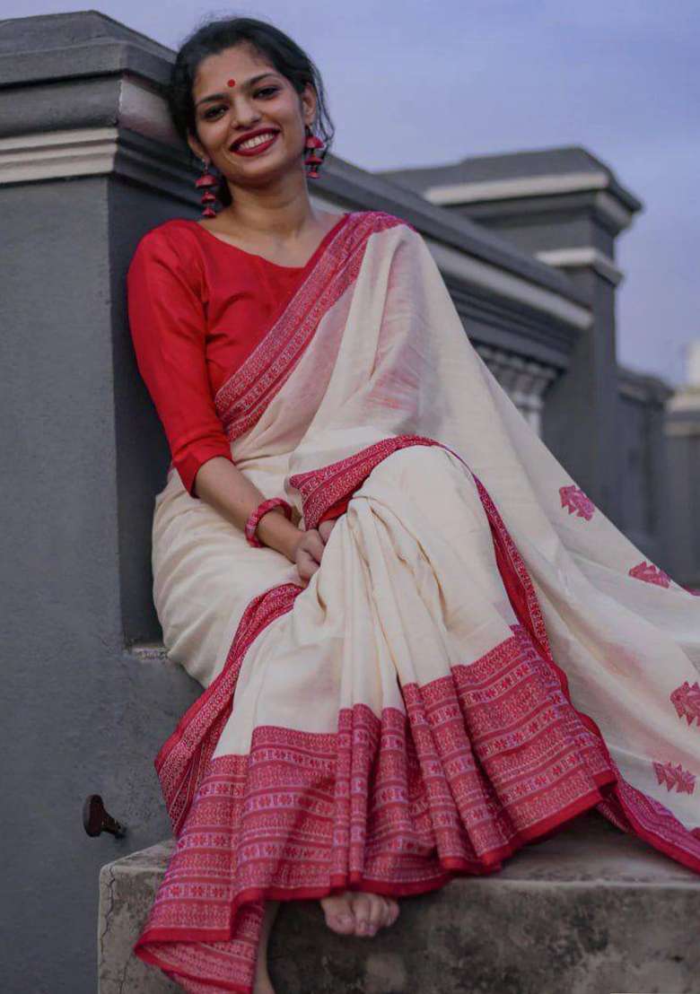 White Weaving Linen Saree Set for Diwali | Wedding & Festive Wear - Indya