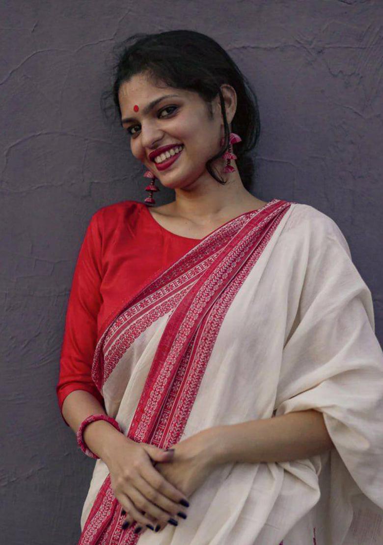 White Weaving Linen Saree Set