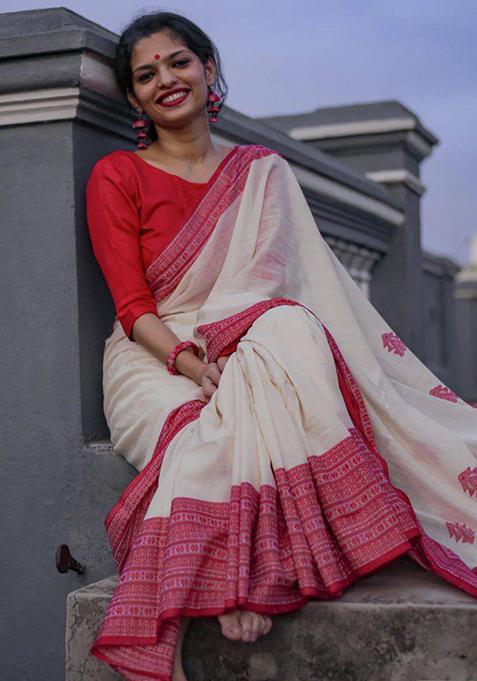 White Weaving Linen Saree Set