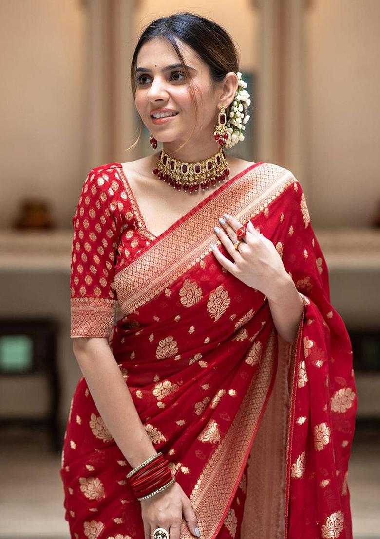 Red Weaving Silk Saree Set