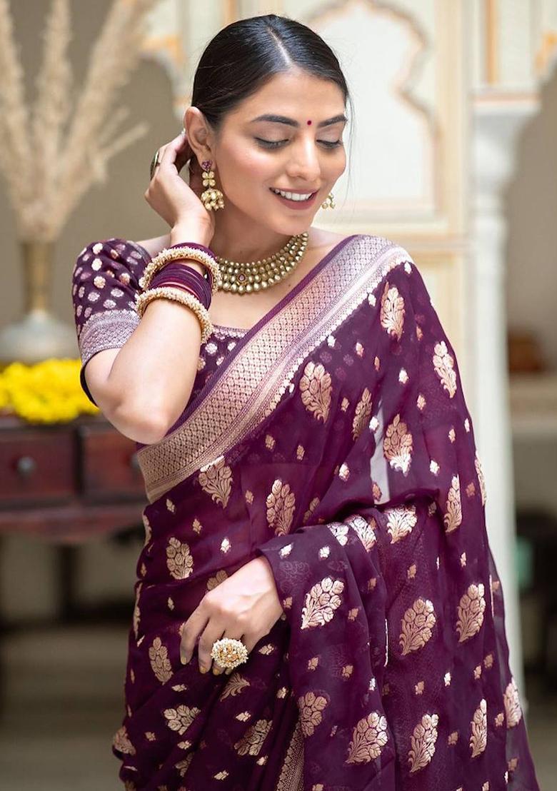 Purple Weaving Silk Saree Set