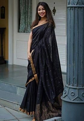 Black Weaving Linen Saree Set