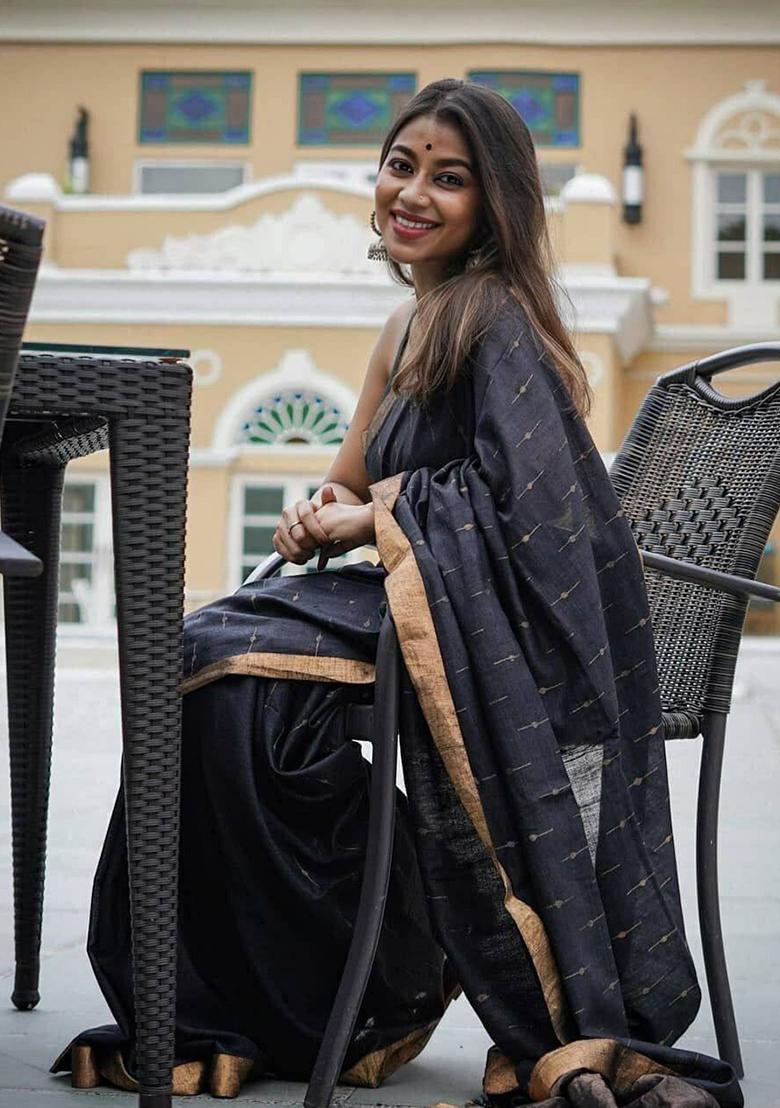 Black Weaving Linen Saree Set