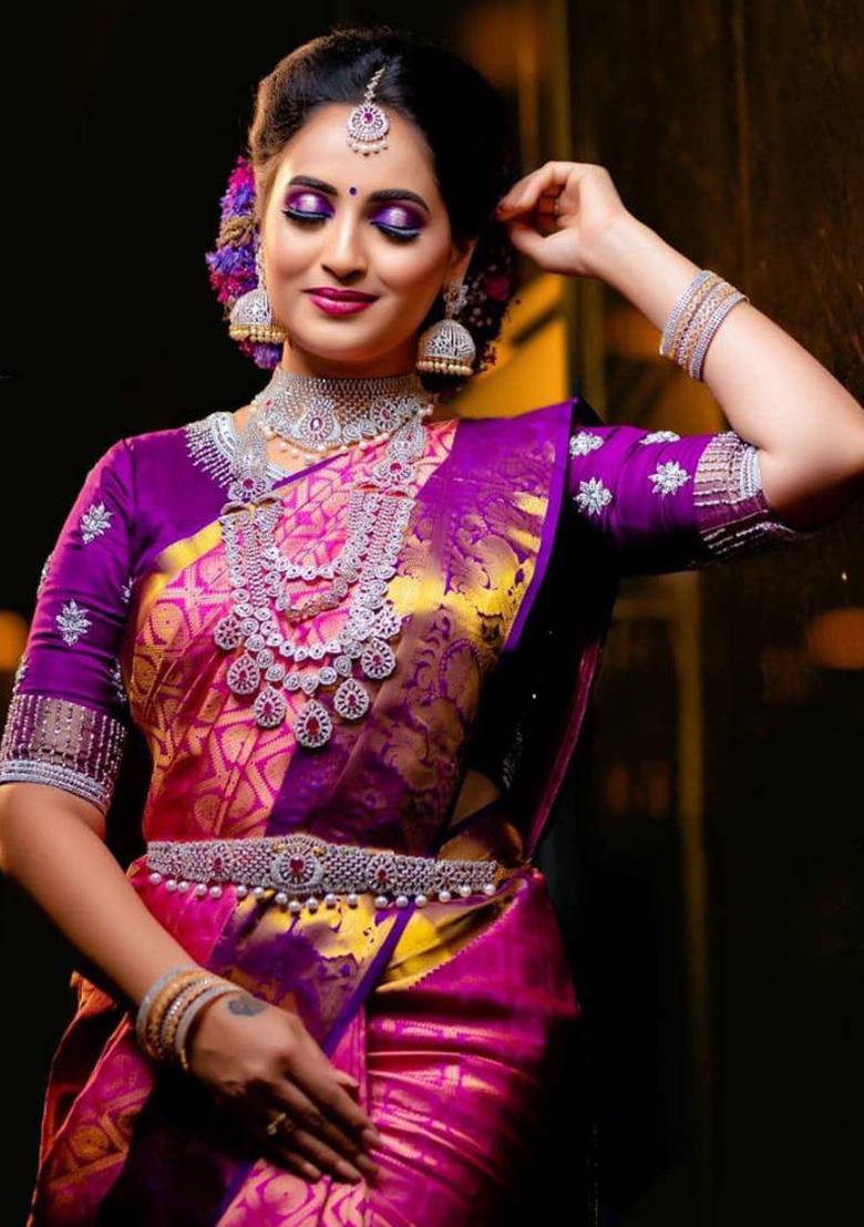 Pink Weaving Silk Saree Set