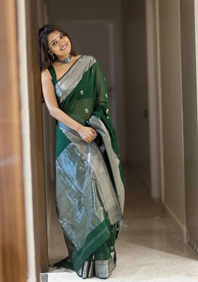 Green Weaving Linen Saree Set for Diwali and Festive Wear - Indya