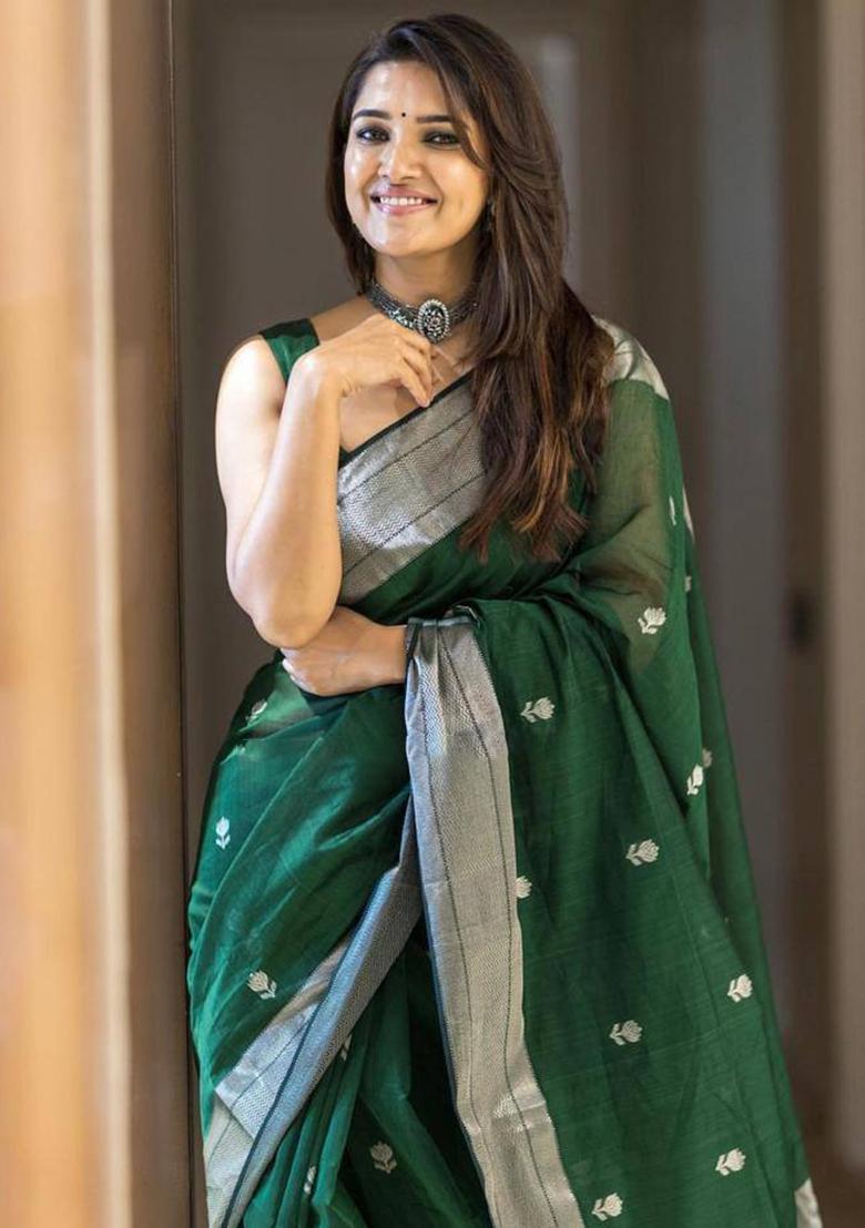 Green Weaving Linen Saree Set