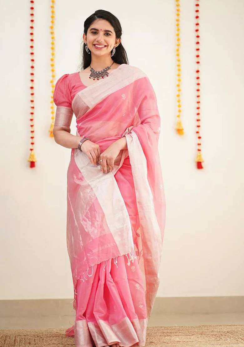 Peach Weaving Linen Saree Set for Diwali | Wedding & Festive Wear - Indya