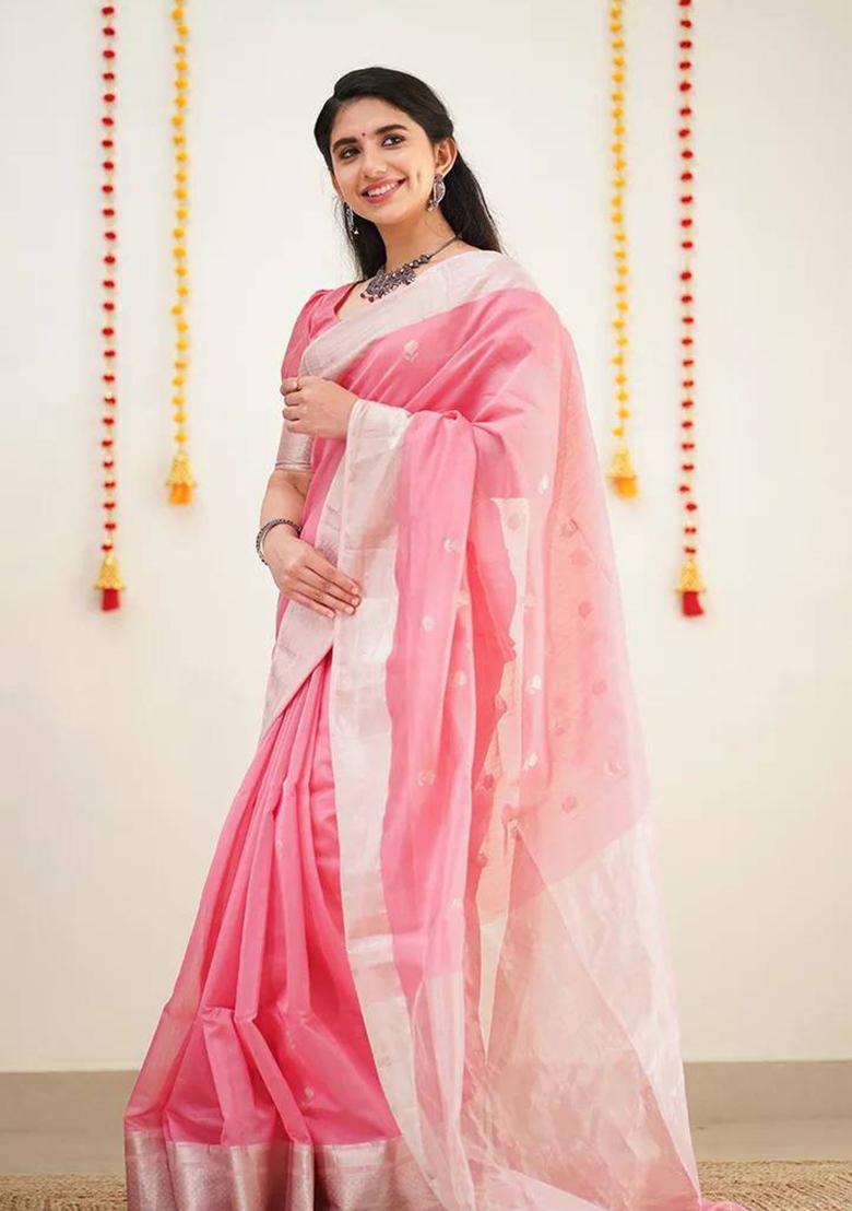 Peach Weaving Linen Saree Set