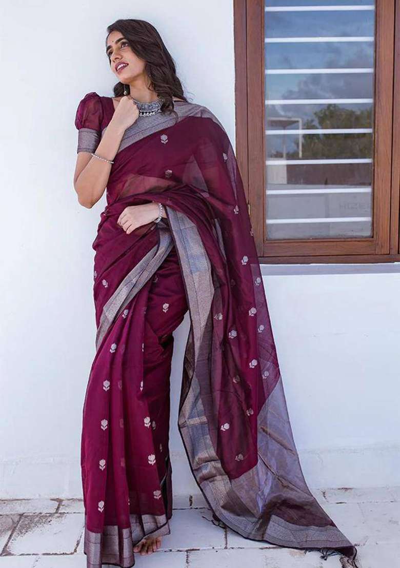 Wine Weaving Linen Saree Set for Diwali and Festive Wear - Indya