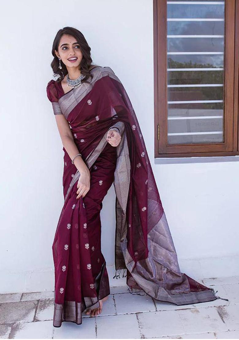 Wine Weaving Linen Saree Set