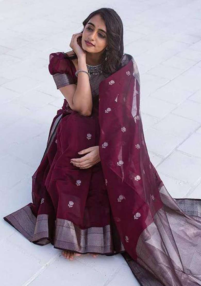 Wine Weaving Linen Saree Set for Diwali and Festive Wear - Indya