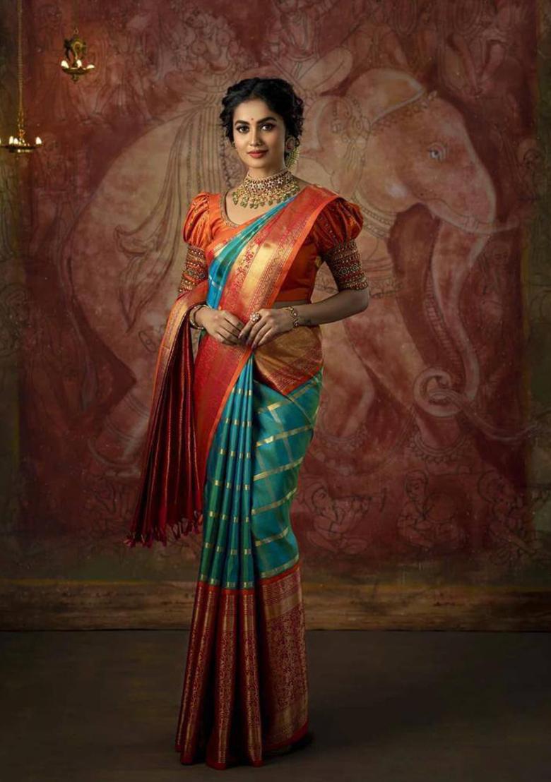 Teal Blue Weaving Silk Saree Set