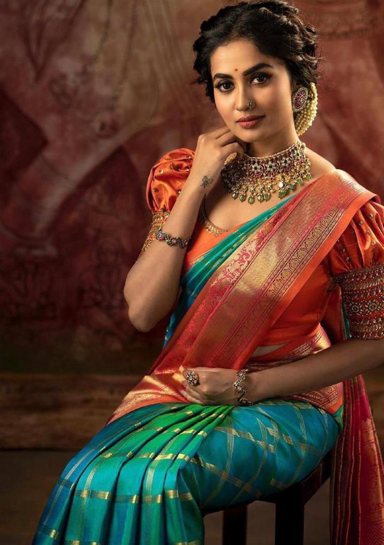 Teal Blue Weaving Silk Saree Set