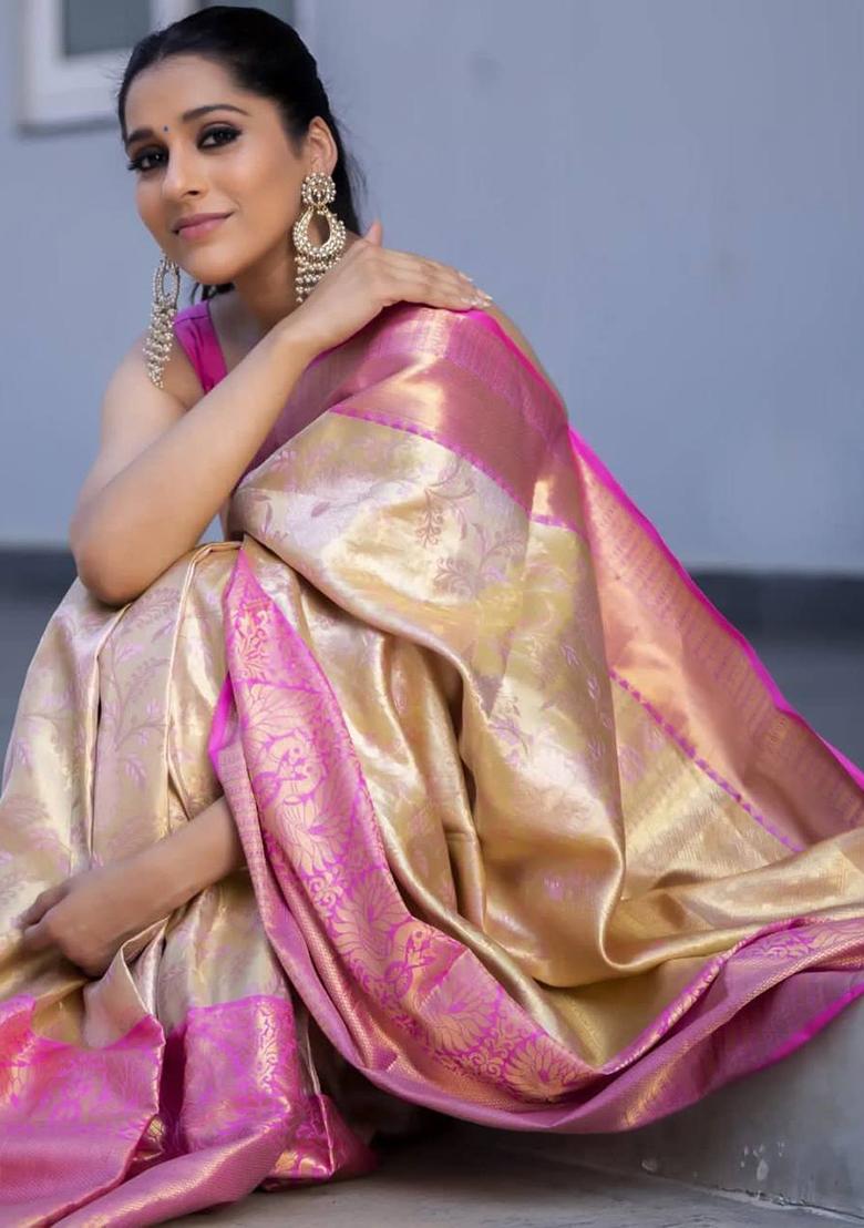 White Weaving Silk Saree Set