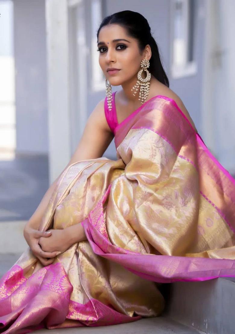 White Weaving Silk Saree Set