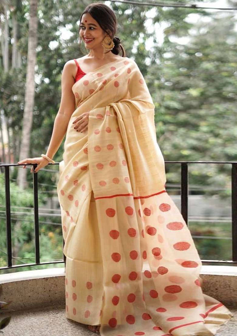 White Weaving Linen Saree Set for Diwali | Wedding & Festive Wear - Indya
