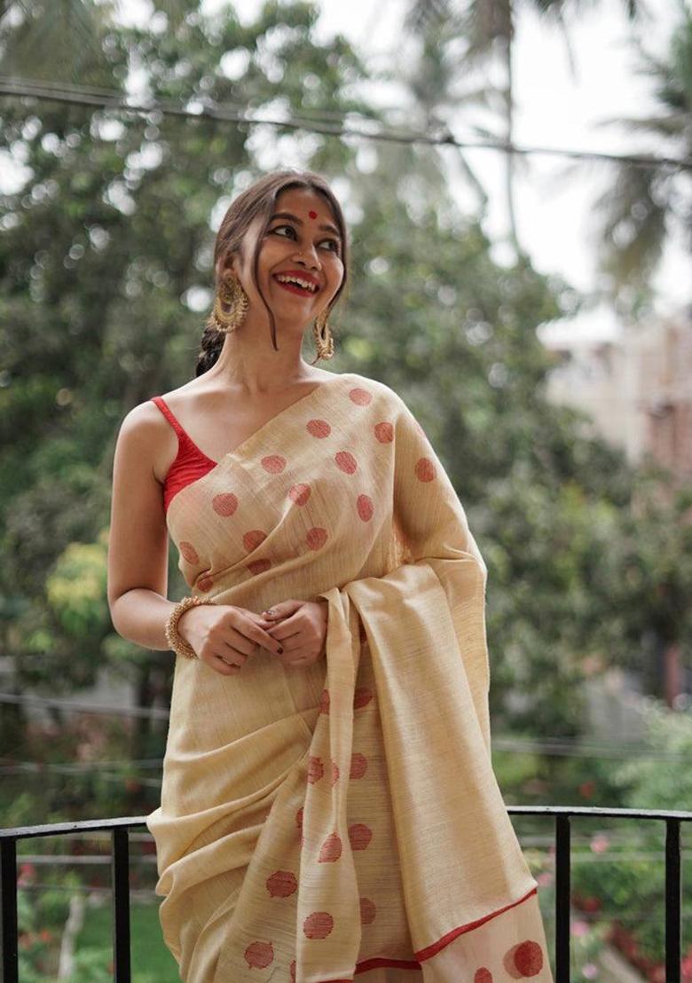 White Weaving Linen Saree Set